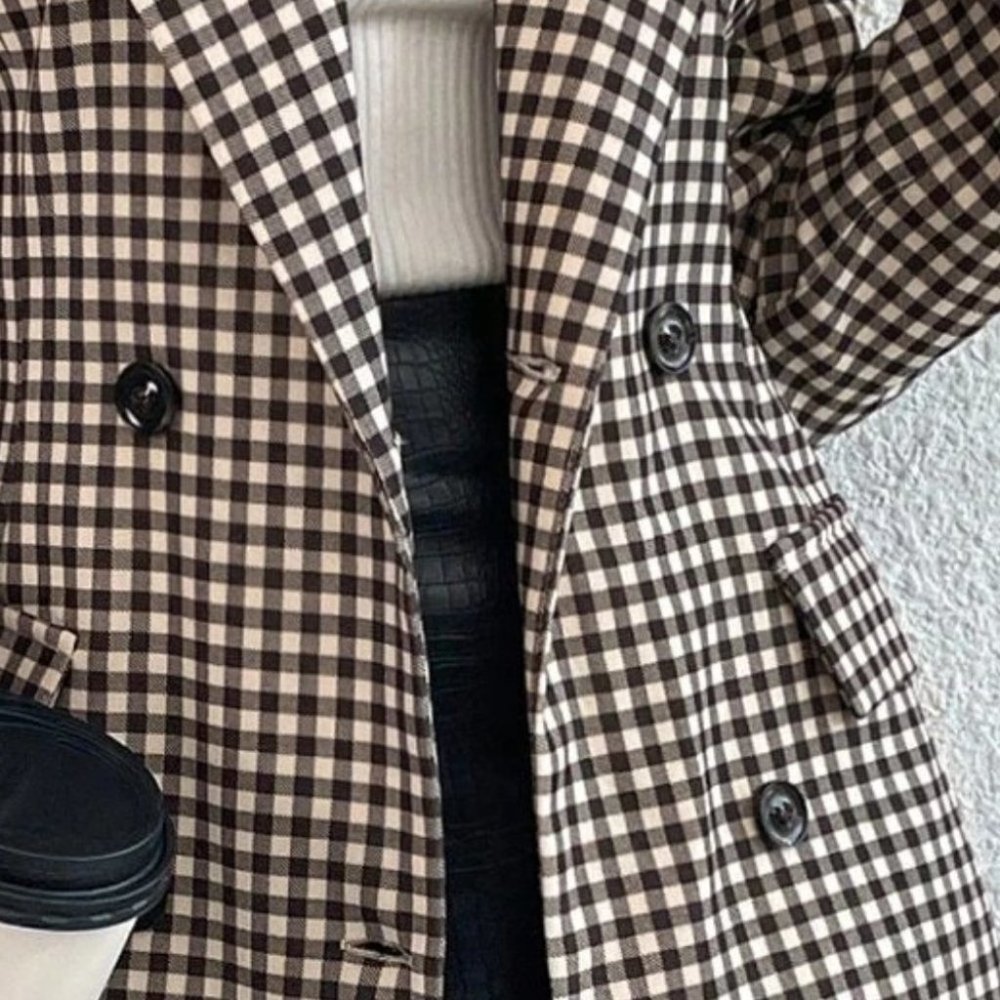 BLACK GINGHAM PRINT BLAZER CHIC CLASSY BUSINESS CASUAL STREETWEAR - Picture 7 of 12